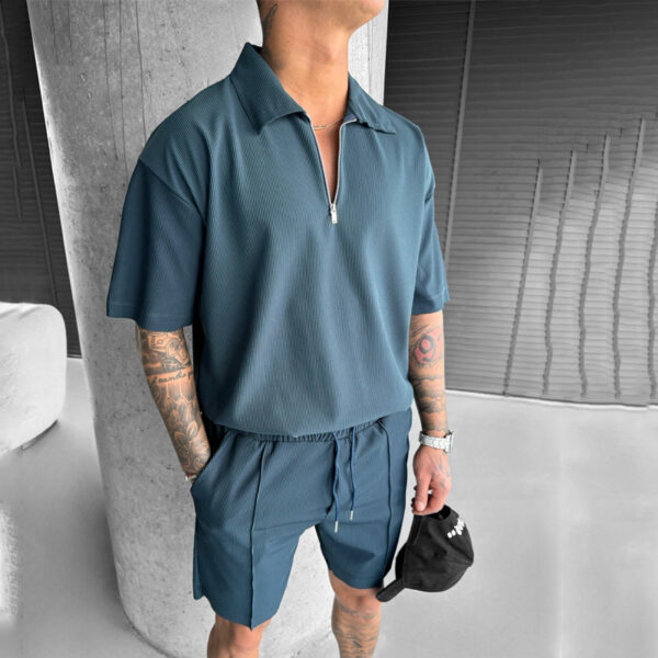 Summer Fashion Mens Clothing  Men's Suits New Zipper Polo Casual Short Sleeve Drawstring Shorts Men's Set – Bild 4
