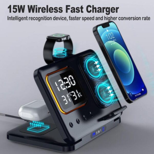 15W Wireless Chargers Stand 5 In1 LED Digital Alarm Clock Fast Charging Dock Station – Bild 3