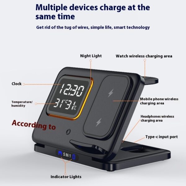 15W Wireless Chargers Stand 5 In1 LED Digital Alarm Clock Fast Charging Dock Station – Bild 6