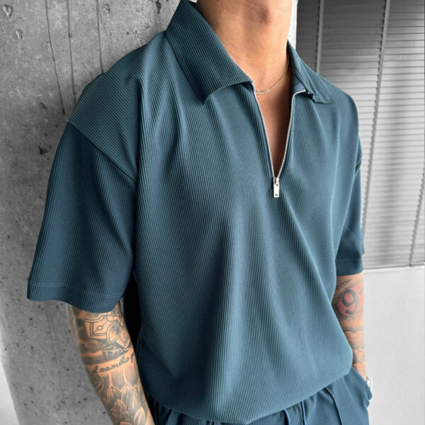 Summer Fashion Mens Clothing  Men's Suits New Zipper Polo Casual Short Sleeve Drawstring Shorts Men's Set – Bild 2