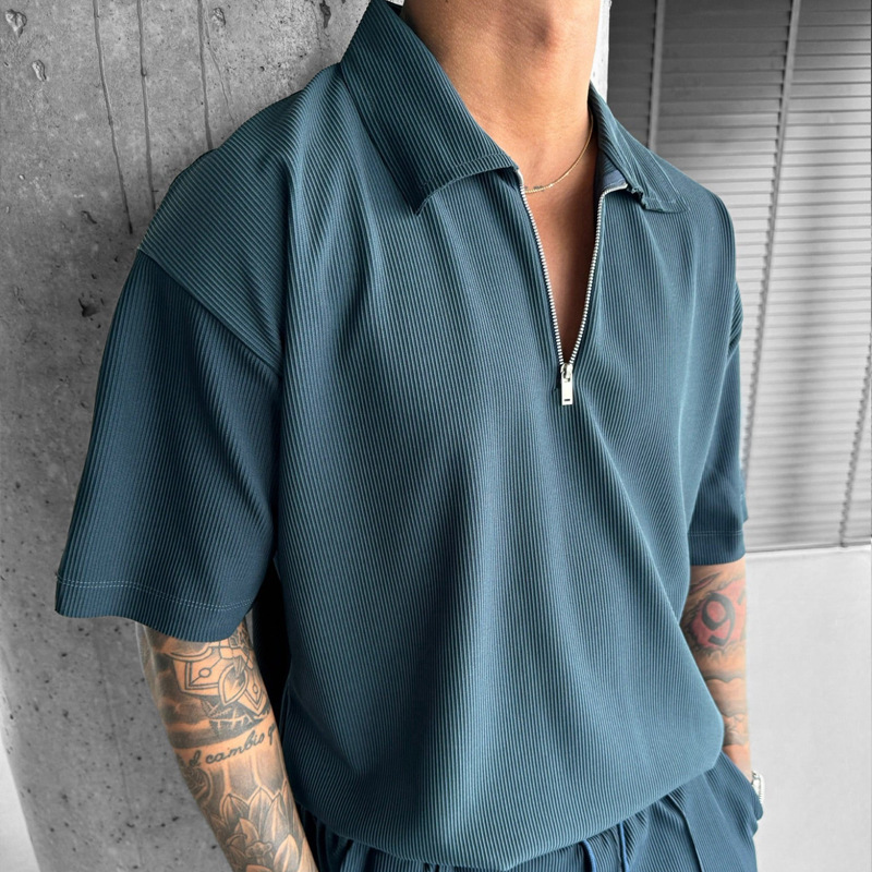 Summer Fashion Mens Clothing  Men’s Suits New Zipper Polo Casual Short Sleeve Drawstring Shorts Men’s Set